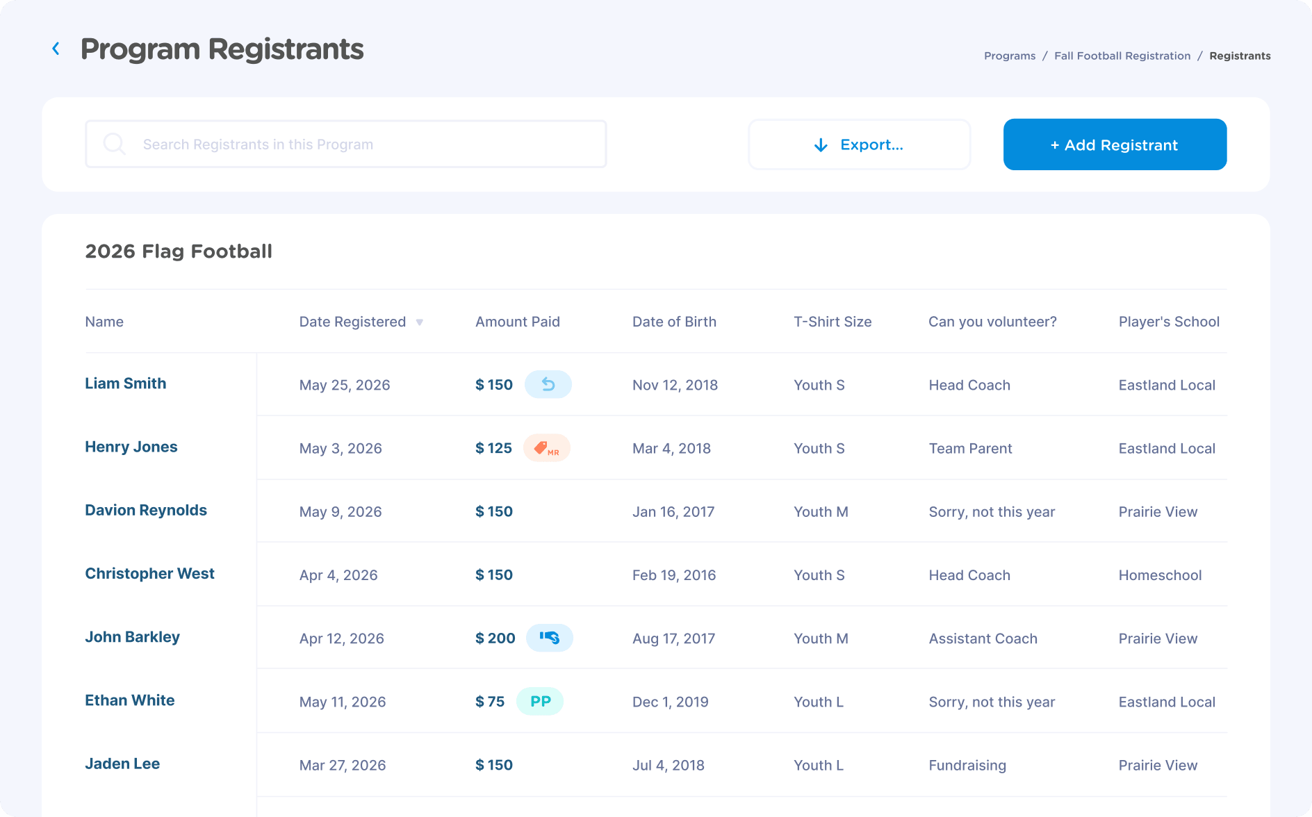 New registration program setup screen in Jersey Watch