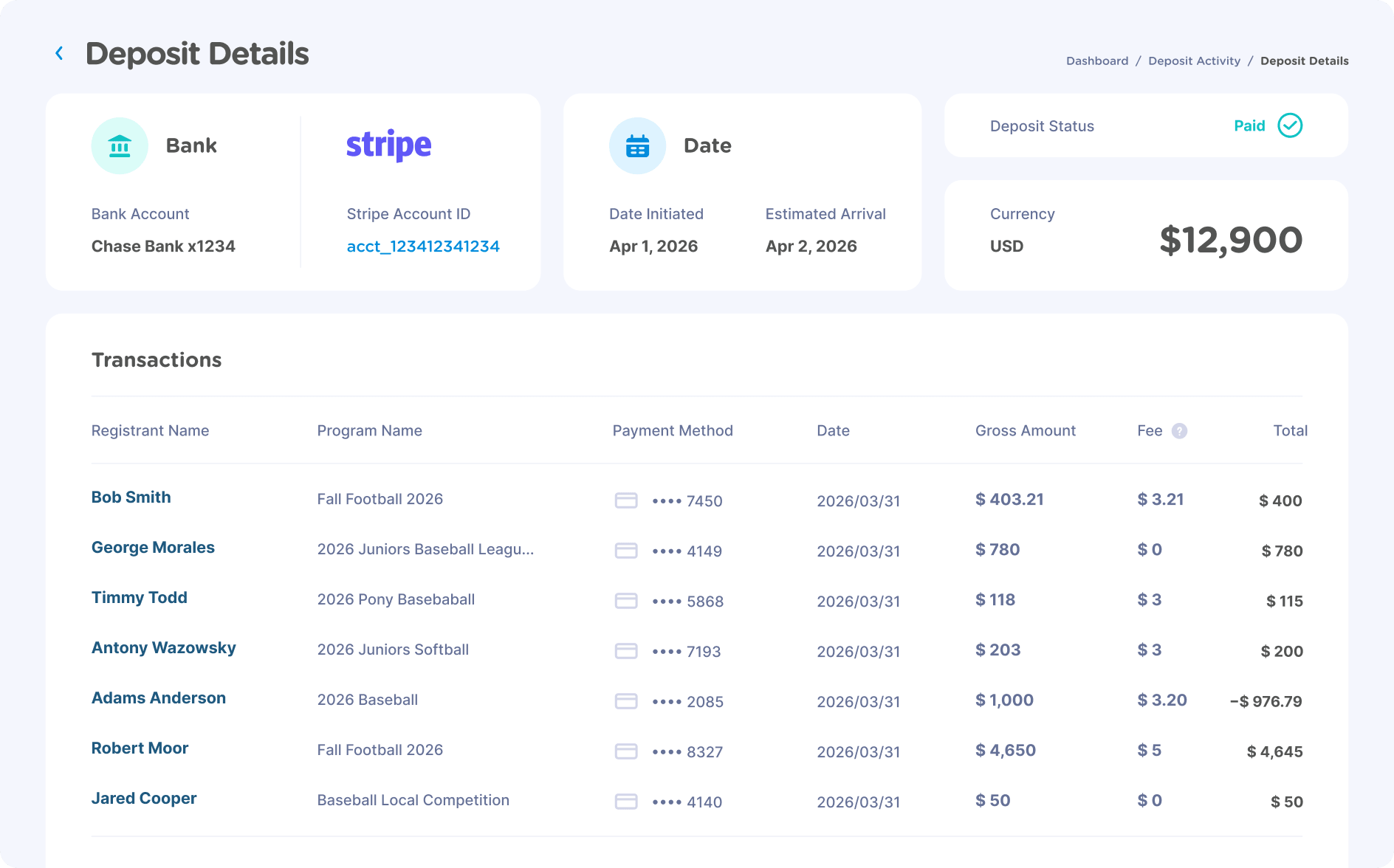 Deposit details and payment transactions screen in Jersey Watch