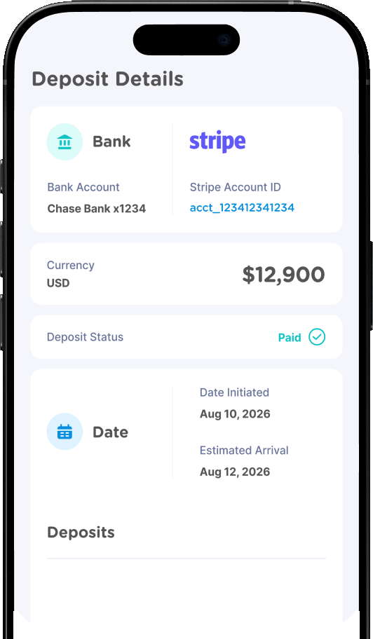 Deposit details and payment transactions screen in Jersey Watch