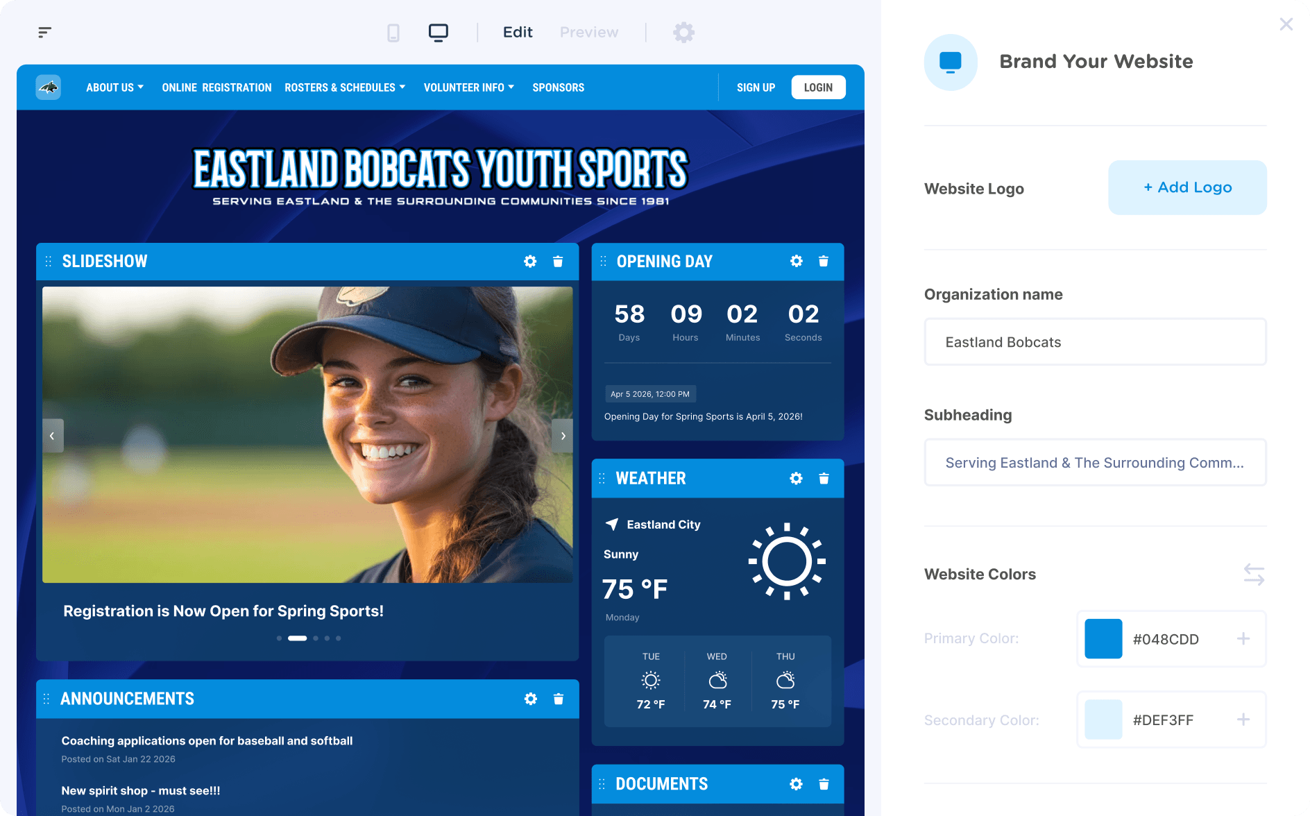 Website builder settings screen in Jersey Watch