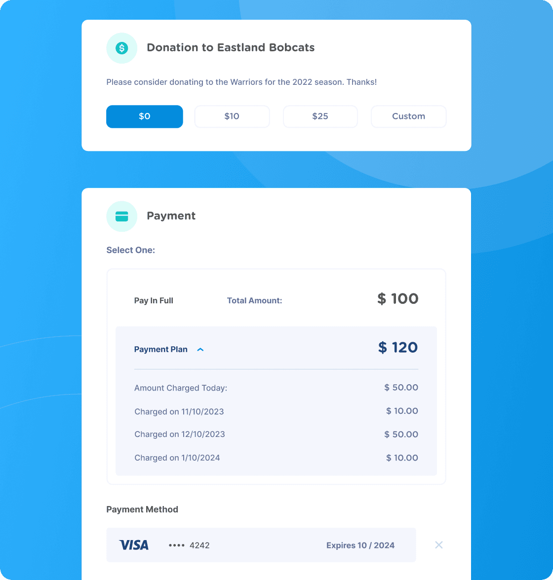 Jersey Watch registration checkout with a donation add-on, a payment plan, and a saved card